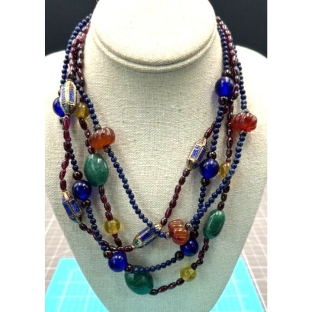 Vintage Alice Kuo 4 Strand Beaded Asian Motif Semi Precious Bead Necklace